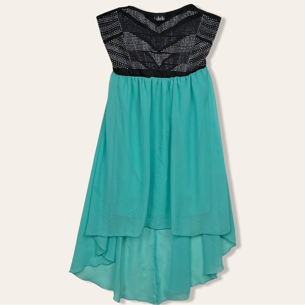 Deb Y2K Boho Rhinestone Strapless High Low Chiffon Flowy Dress Teal - Picture 2 of 12